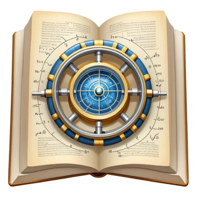An icon featuring a physics textbook, a large Hadron Collider with particles flying off, symbolizing the study of physics. The design includes atomic models, energy waves, and scientific formulas, representing fundamental physical principles and research. Transparent background. sticker