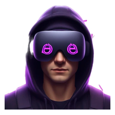 Russian man wearing a black hoodie with "OMG" letters on it and VR headset in a cyberpunk VR environment with violet neon lighting. sticker