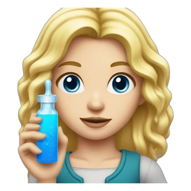 Girl with blond hair and blue eye take red vial sticker
