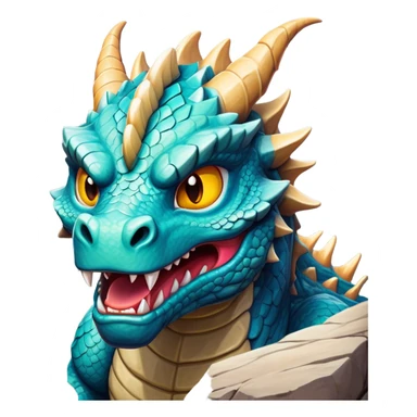 Cinematic Comical Giant Rock Dragon Portrait Emoji, Head tilted dramatically with an exaggeratedly amused expression, featuring a striking, chiseled body with bold stone textures and wide, expressive eyes brimming with playful geologic mischief; rendered with vivid, lifelike detail and dynamic, natural shadows, high shine, dramatic yet humorous, styled with an air of cheeky ancient solidity, soft glowing outline, capturing the essence of a spirited and over‐the‐top stone giant that looks ready to rumble with timeless mirth! sticker