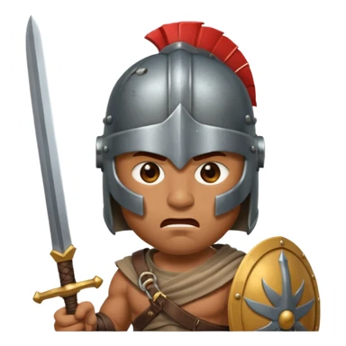 Emoji portrait of an entertainment slave (gladiator). He has an angry expression and wears a helmet, holding a short sword. sticker