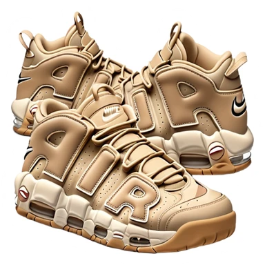 Simple clean pair of beige Nike Air More Uptempo sneakers arranged as a matching pair, minimal detailing but with distinct AIR lettering sticker