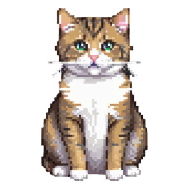 Cute tabby cat with white stomach, pixelated style, sitting to show white belly sticker