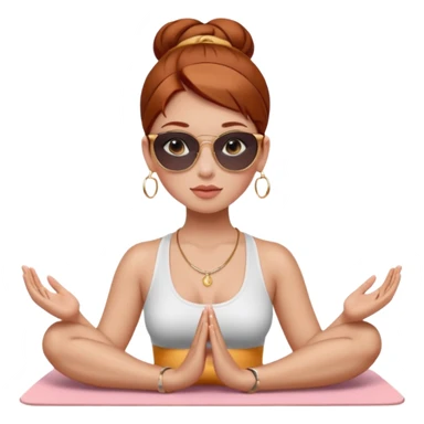 Clean girl influencer character, chest-up portrait.Sleek tight bun hair color (auburn .Natural glossy makeup, soft blush, shiny lips.chest up portrait , small gold hoop earrings, delicate gold necklace.Black sunglasses on head.Rolled yoga mat hanging over her shoulder. sticker