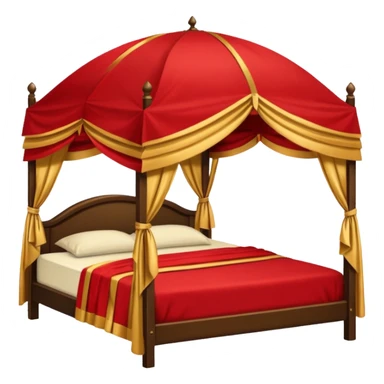 bed with red and gold sheets, wooden, canopy, simple, dark, no-tent sticker