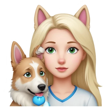 White European young woman with blue-green eyes and long blond hair with her white German Shepherd dog,the Dog hast a pink nose and short fur  and Brown eyes sticker