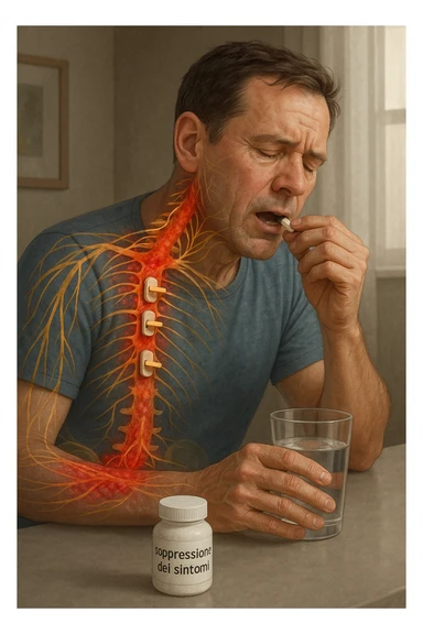 Realistica Man taking pain medication for chronic back pain, pills shown as dimmer switches turning down pain signals in transparent nervous system overlay, underlying spinal damage remaining completely untreated and worsening, expression of temporary relief masking progressive deterioration, medication bottle labeled 'symptom suppression' not 'cure', root cause inflammation continuing to spread in italiano sticker
