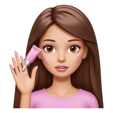 Barbie girl a brown long Straight hair and brown eyes is In pale pink smears by hand cosmetic cream on her face sticker