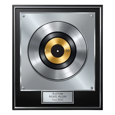 A platinum music award plaque: a square, polished platinum plate with a subtly textured, mirror-like finish, mounted on a simple dark metal base. The center features a relief of a or stylized vinyl record in a slightly darker metallic tone.  sticker