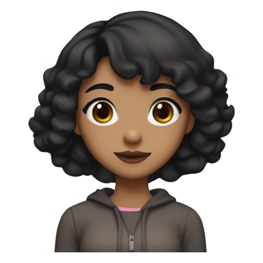 cute teenage girl with shoulder-length black hair and black eyes having a medium-brown skin tone. She wears modest clothing, avoiding revealing styles. Her facial features, particularly around the mouth are welldefined, and she is wearing pink lipstick sticker