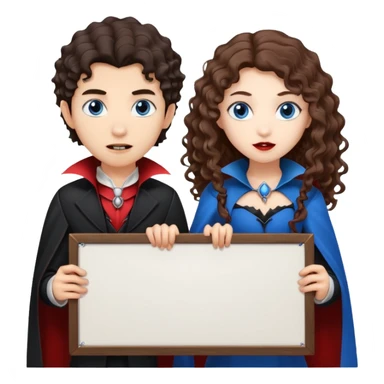 Asian boy and white girl with long brown curly hair and blue eyes Vampires holding a large blank sign sticker
