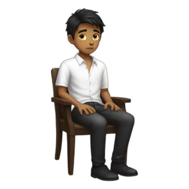 sad black haired boy boy with white shirt sitting in chair sticker