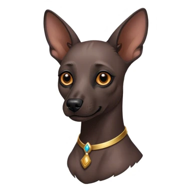 Cinematic Noble Xoloitzcuintle dog Portrait Emoji, Poised and regal, with a sleek, muscular build and smooth, hairless ebony skin accented by subtle wrinkles, deep-set soulful dark eyes, Simplified yet sharp and sophisticated features, highly detailed, glowing with a soft, dignified glow, high shine, intelligent and loyal, stylized with an air of ancient grace, focused and attentive, soft glowing outline, capturing the essence of a watchful and confident guardian, so majestic it feels as though it could stride out of the screen with effortless authority! sticker