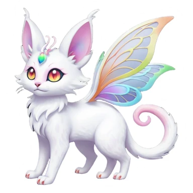Pure-snow-White albino iridescent with pastel rainbow-gradients-color-markings with swirly patterns butterflies  faerie-Noivern-Noibat-Purloin-Torracat-Lykoi-Caracal-cat-Fakemon-fusion-hybrid-creature sticker