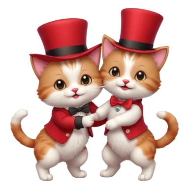 Steampunk:a very cute and adorable anthropomorphic baby cat with a red top hat is dancing with a puppy sticker