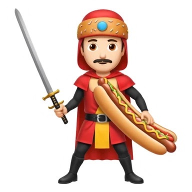 Middle aged attractive man wearing a hot dog costume wielding a katana sticker