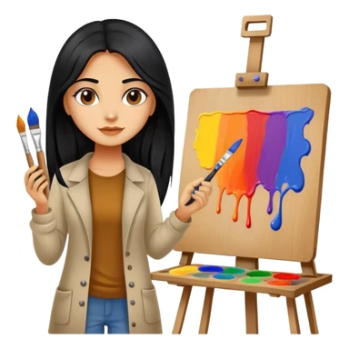 painting, easel, master piece, artist, long black hair tanned woman, paint pallet colors and paint brush,  sticker