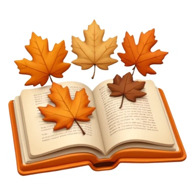A cute 3D emoji of an open book with autumn leaves around it, cozy fall colors (orange, brown, beige), playful and modern style, glossy finish, minimalistic but expressive, symbolizing a Fall Reading Challenge. sticker