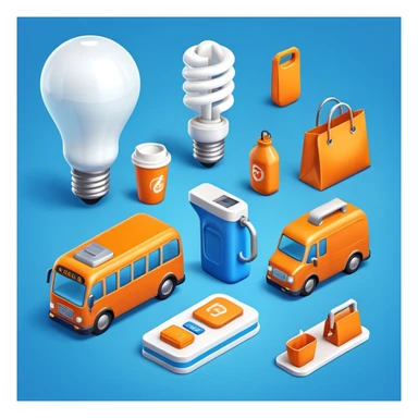 "3D icon set of everyday objects in a modern finance theme: light bulb, fuel pump, bus, shopping bag, coffee cup — smooth plastic texture, bright orange and blue color palette, soft lighting, isometric view, glossy finish, minimal background, high detail, for UI design"
 sticker