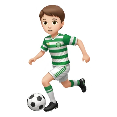 Celtic footballer jersey logo  6 years old brown hair white boy , brown eyes , stripes uniform , RUNNING  with soccer ball # 17 celtic football logo PUT ONLY ONE LOGO ONE CELTIC LOGO ONLY white shorts sticker