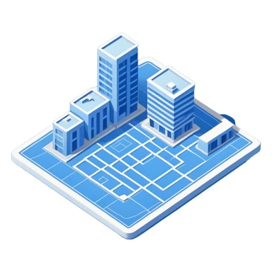 blue blueprint plan with white lines and shaded objects, isometric angle sticker
