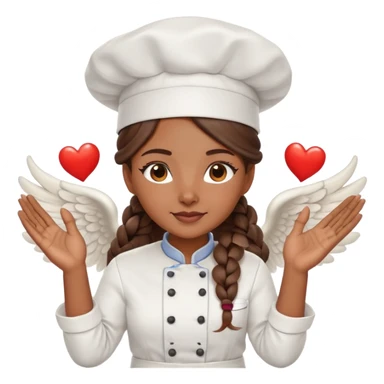 Brown-skinned female chef with long braided brown hair, wearing a chef's hat, with both an angel halo and devil horns, making a heart shape with her hands sticker