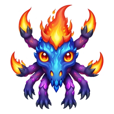 a mystical fast lava creature without arms with molten lava on its head and some rocky shoulders, fire crystals, blue flames, fire legs, no background, purple flames, mystical eyes, 8 arms sticker