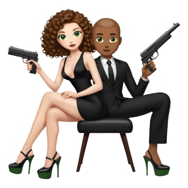 Sensual woman green eyes woman only brown long curly hair evil,with 7 inch platform stripper high heels long low cut black dress,and a gun, she is sitting on a buzz cut hair brown man's pimp lap, holdingwomans butt man is wearing a black suit sticker