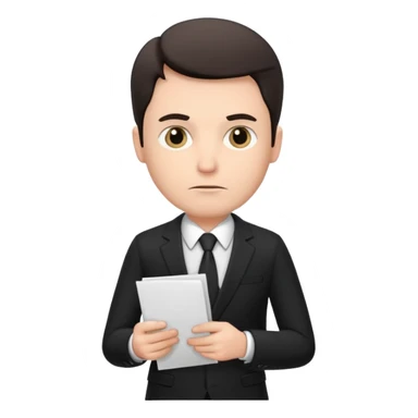 A white man in a black suit stands with a serious face and points at his hand holding papers. sticker