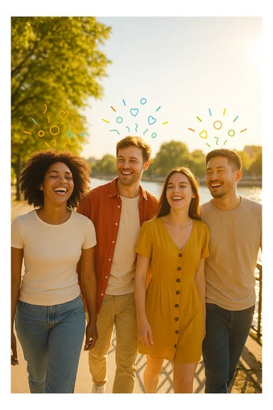 a group of friends strolls along a riverside promenade on a bright, sunny day. Their expressions are joyful and relaxed, and the sunlight creates a warm, golden glow. Above them, faint, colorful lines or icons represent the release of beneficial dopamine. The background is vibrant and full of life. sticker