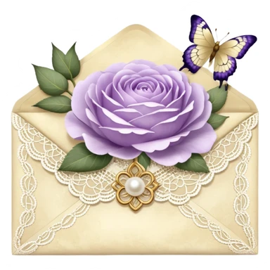 A delicate still life of an aged love letter sealed with golden wax, placed on a vintage lace doily, accompanied by a bouquet of pale purle roses and white peonies, with a shimmering pearl butterfly resting on the envelope. sticker