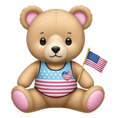 osito de peluche cafe claro con ropita rosa claro y estapado de la bandera de usa y otro con una liga de pilates en la cabeza y con ropa deportiva sticker