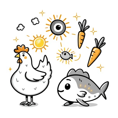 Ethereal magical image of glowing chicken, luminous fish, and radiant carrots with golden beams connecting them to a healthy eye, glowing skin and a shimmering immune shield sticker