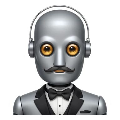 Gray Robot with a cylindrical head, handlebar moustache, no pupils, wearing a tuxedo, buff sticker