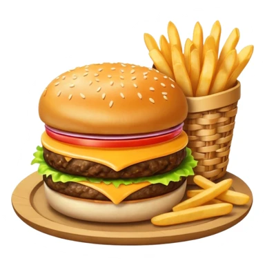 1950s diner food meal. Realistic Cheese Burger with French fry basket sticker