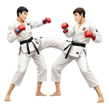 Two taekwondo fighters in traditional white doboks with black belts. One delivers a powerful kick, while the other defends by blocking with his knee. The background shows a professional arena with bright lights and an excited crowd. Transparent background highlights the intense action sticker