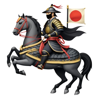clash-of-clans-aesthetic_-cinematic-fearsome-and-majestic-samurai-bust-portrait-emoji, rendered in a flat, vector-style with minimal shading and bold, simplified shapes typical of emoji art, depicting a battle-hardened samurai with black mask and traditional black Japanese armor. The samurai is riding a noble grey warhorse adorned with an intricately designed saddle and fluttering banners and a rising sun. a samurai riding on a  horse zoomed in sticker