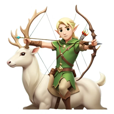 clash-of-clans-aesthetic-blond-male elf-archer-portrait-emoji, rendered in a flat, vector-style with minimal shading and bold holding his bow, simplified shapes, head tilted slightly forward with a determined, focused expression, riding a majestic white stag whose antlers glow with mystical energy, set against an ancient, enchanted forest backdrop. sticker