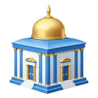 A cubic-shaped temple with smooth, clean edges and blue and white horizontal stripes along the walls. The structure has no pillars or columns. A Polished golden dome sits centered on top of the cube, with a smooth surface and no spiral or finial at its peak. The architectural style is minimalist  sticker