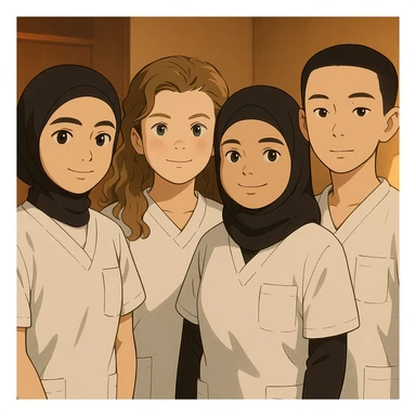 Four nursing students side by side in a warm indoor ambiance, wearing white short-sleeve uniforms without stand-up collars or hijabs under the sleeves, no stethoscopes. Tops are medical tunics with V-neck and left chest pocket. Each student has the face from the provided portraits, in Ghibli style, group composition. sticker