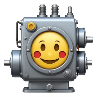 Industrial mechanical motor with a smiley face, emoji for the new electric music genre Motor breaks must be friendly and sellable must be small but clear child friendly, ready to use as a logo, motor synth make sure it's not Cold sticker