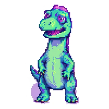 Barney the Dinosaur twerking, retro and humorous, pixel art style sticker
