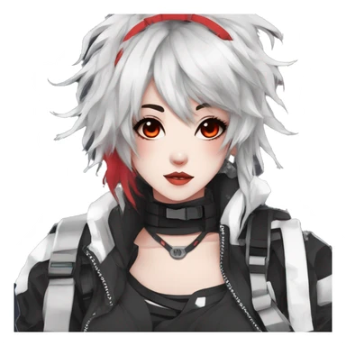 Gorgeous techwear anime style lady with blushing face aesthetic and pretty edgy black red white punk messy hair with collar and harness trending style sticker