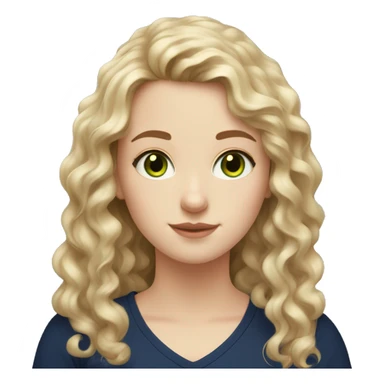 A pale white girl with slightly dark golden curly hair that reaches her chest long, green eyes with a mole next to her left eye and with a navy blue shirt sticker