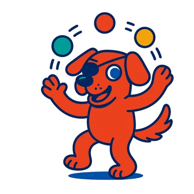 dog with red fur, blue eyes, and an eye patch, juggling balls, whimsical style, vibrant cartoon style sticker