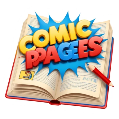 Create a vibrant emoji representing comic books and graphic novels. The design should feature a large, open comic book or vintage comic magazine with pages displaying classic comic art, with text. The comic pages should have bold, dynamic panels and action scenes. Include a pencil writing on the pages, but without a hand, to symbolize the artistic creation of comics. Use bright colors like red, blue, and yellow, with a retro feel to the design. Make the background transparent. sticker