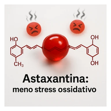 hyper realistic red astaxanthin molecule reducing oxidative stress, absorbing stress symbols, clinical atmosphere, white background, text 'Astaxantina: meno stress ossidativo' sticker