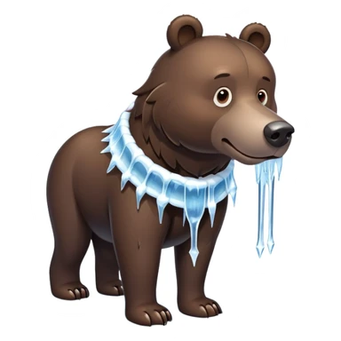 Realistic dark brown bear on four legs with a frozen ice collar that has icicles protruding downward, shaped like a large dog collar but made of crystal clear ice sticker