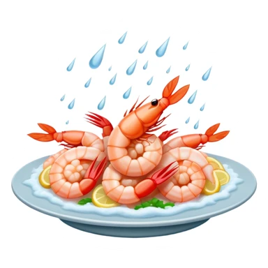 a big plate of shrimp getting rained on from a storm sticker