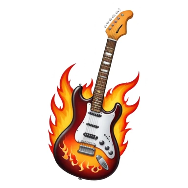 Create a bold and powerful emoji representing rock vocal performance in a humanless collage. The design should feature a vintage microphone at the center, surrounded by a heavy, aggressive hardcore electric guitar with sharp, jagged edges. Include crossed drumsticks behind the guitar, symbolizing the intense rhythm of rock music. Add fiery elements like flames or lightning bolts to enhance the raw energy of the design. Use dark, bold colors like black, red, and silver, with metallic or chrome accents to reflect the rebellious, hard-hitting nature of rock. The background should be transparent. sticker